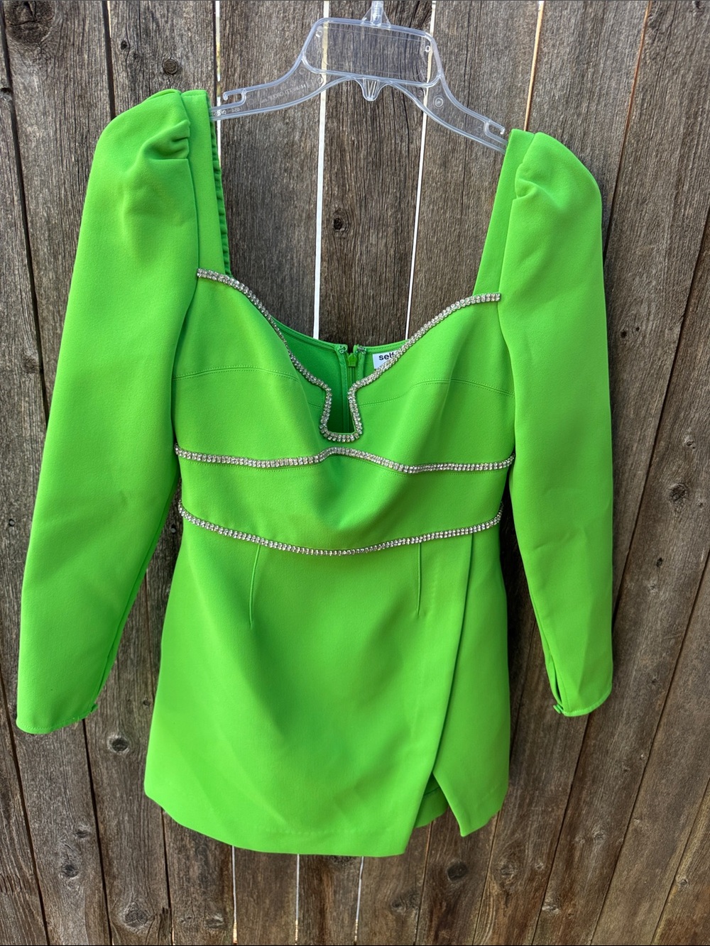 Self-Portrait Neon Lime Green Long-Sleeve Mini Dress with Rhinestone Trim